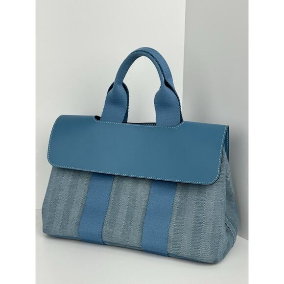 Hermès Swift Valparaiso PM Tote Bag Blue Jean with Leather Flap B-9 - Picture 1 of 16